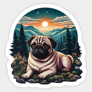 pug dog in the wild during sunset Sticker